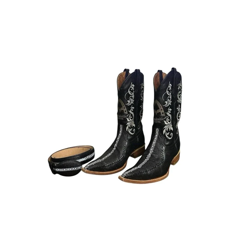 Admirable Boots Mantaray Print Leather Snip Toe Western Cowboy Matching Belt